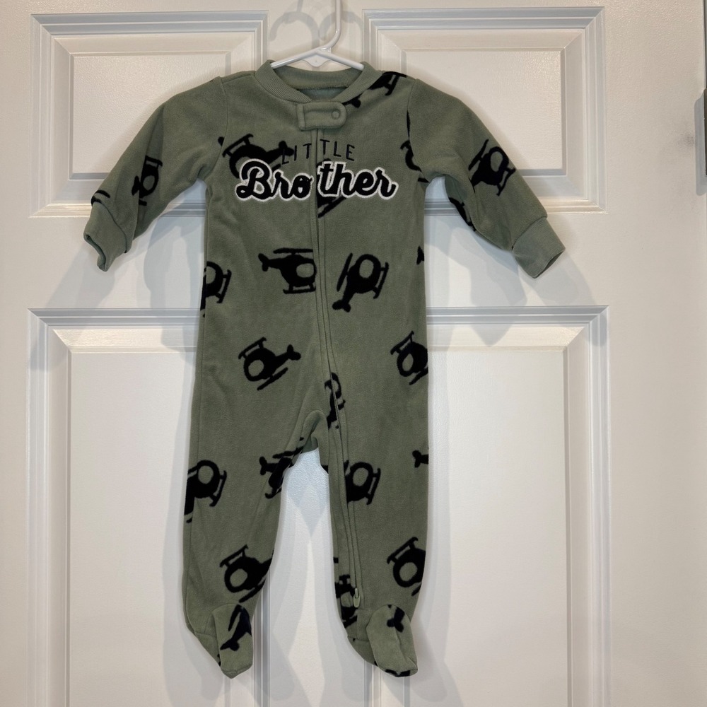 Carters Baby Size 6 Months Green Helicopter Little Brother Fleece Footed Pajamas